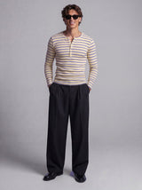 Beige And Navy Striped Ribbed Henley Longsleeves Tshirt T-Shirts Fugazee 