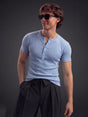 Sky Blue Ribbed Henley Short Sleeve Tshirt T-Shirts Fugazee 