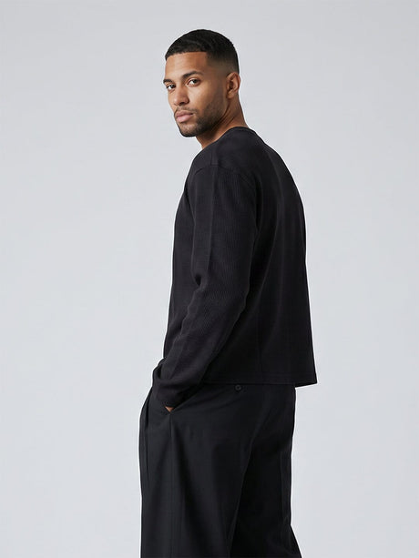 Black Waffle Relaxed Henley Tshirt T-Shirts Fugazee 