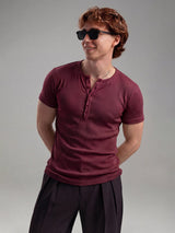 Maroon Ribbed Henley Short Sleeves Tshirt T-Shirts Fugazee 