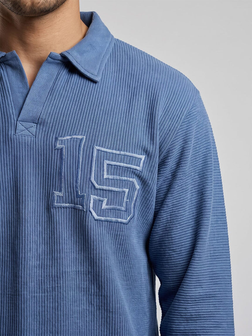 Blue Washed Textured Applique Longsleeve Polo Tshirt T-Shirts Fugazee 