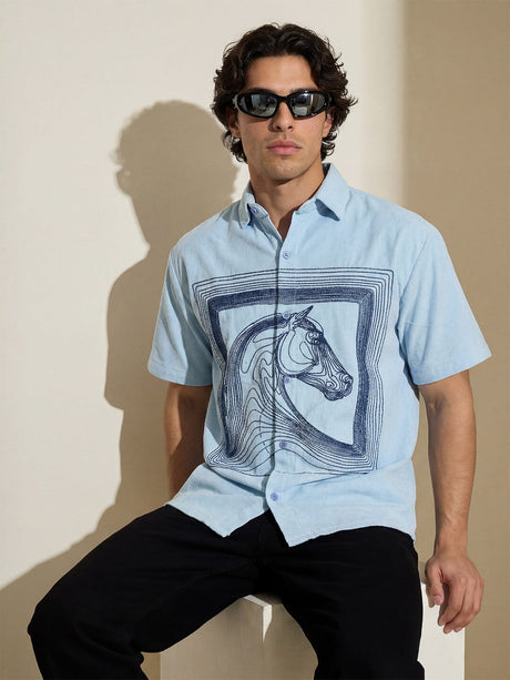 Sky Blue Horse Embroidery Shirt Shirts Fugazee 