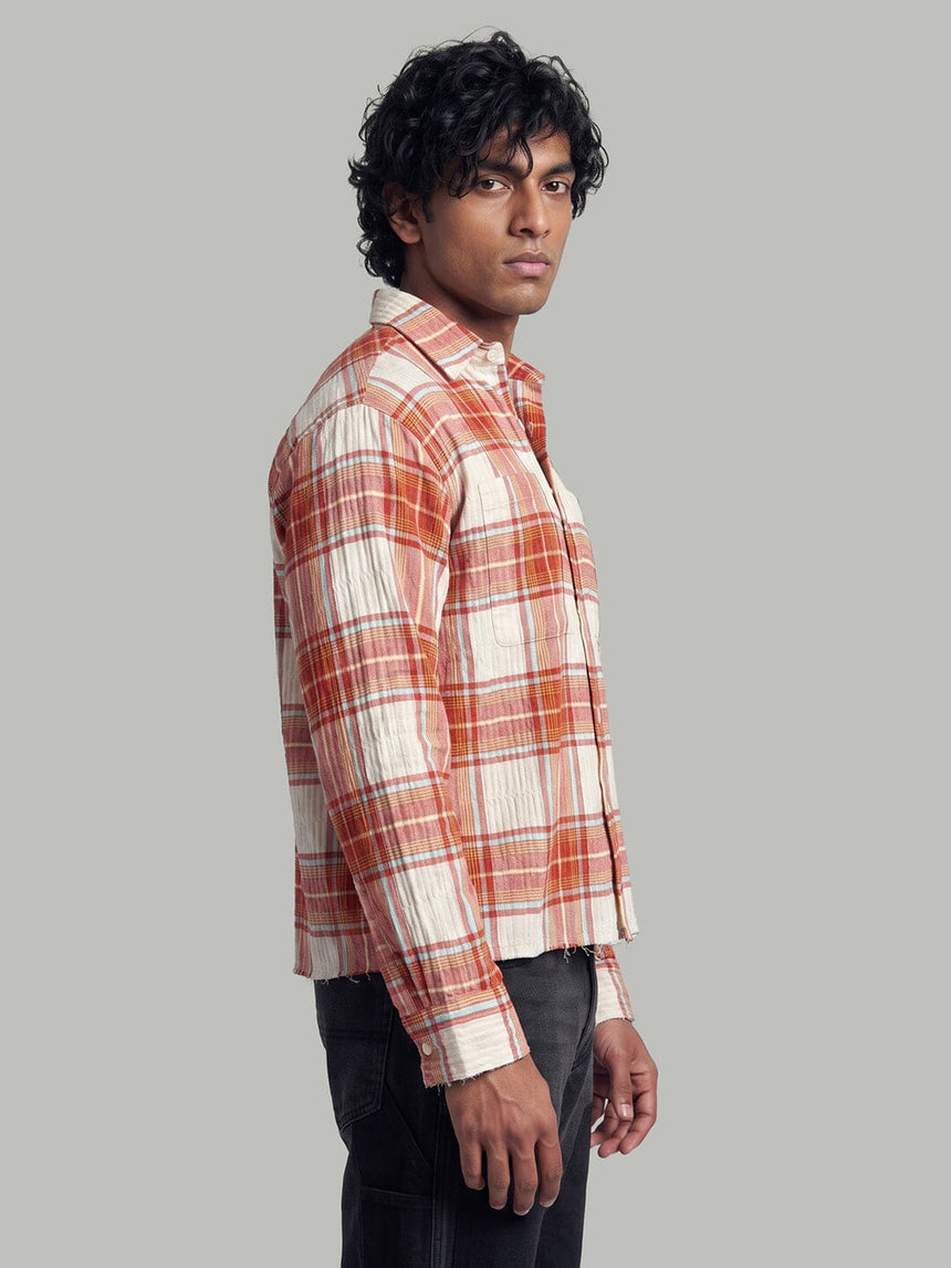 Rust Crushed Checkered Raw Edge Cropped Shirt