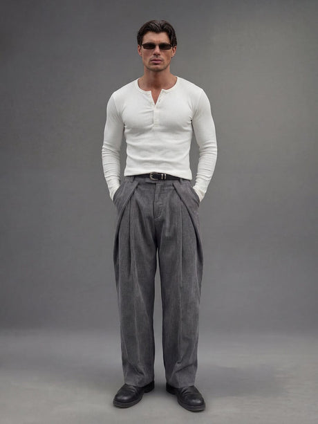 Ash Grey Corduroy Pleated Trousers Trousers Fugazee 