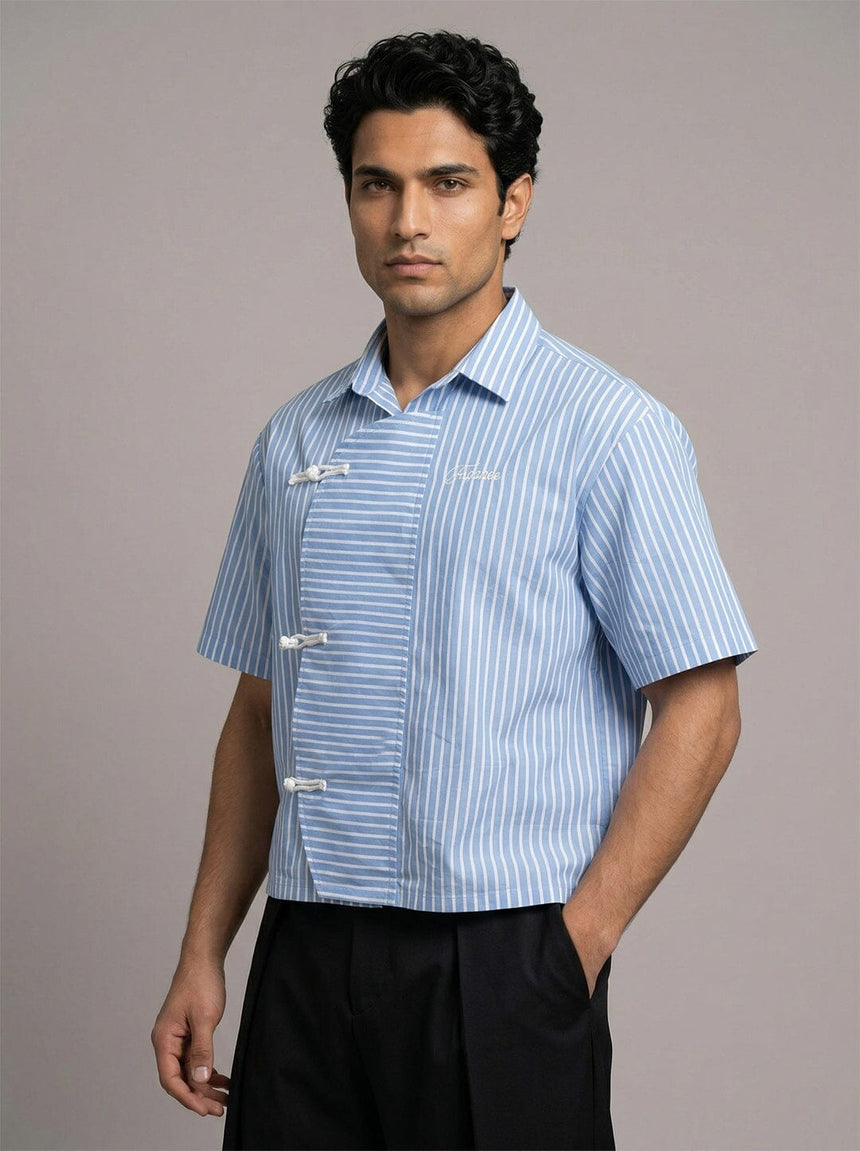 Marine Blue Striped Chinese Frog Buttoned Cropped Shirt Shirts Fugazee 