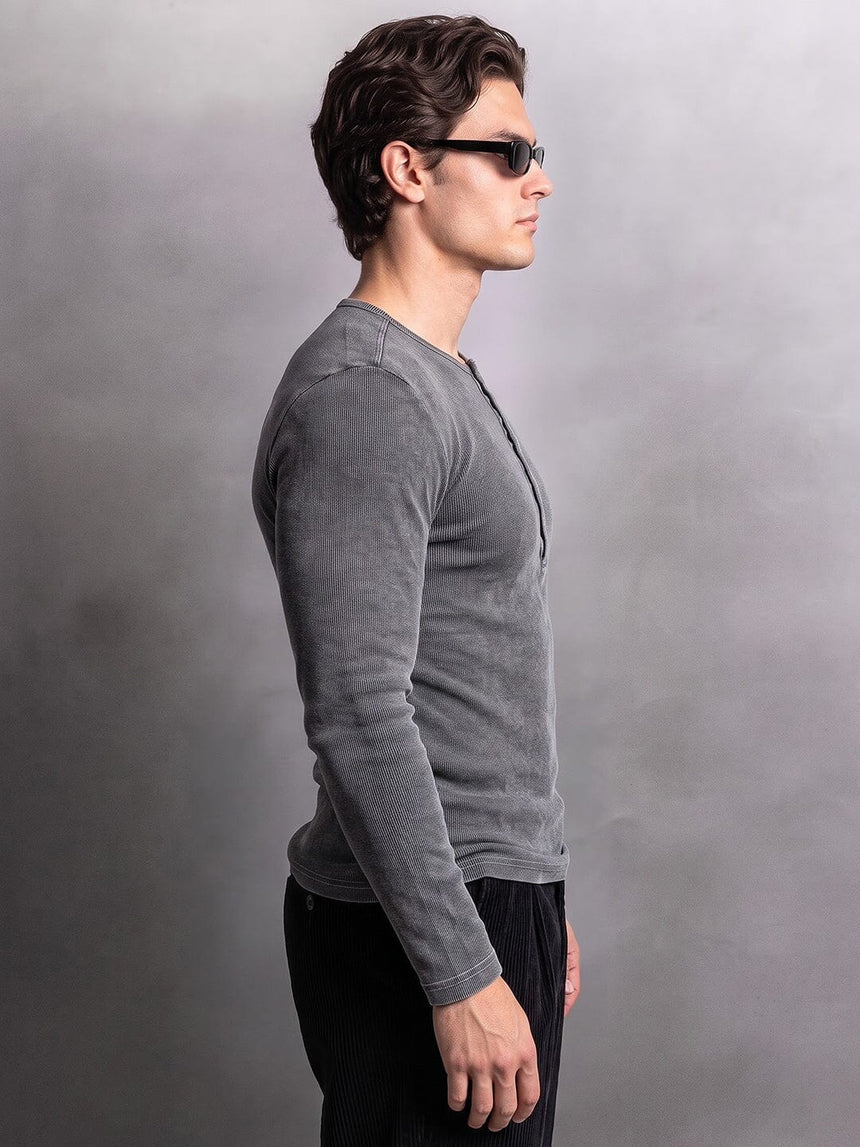 Black Acid Washed Ribbed Longsleeve Henley Tshirt T-Shirts Fugazee 