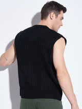 Black Knitted Sleeveless V Neck Sweater Sweaters Fugazee 