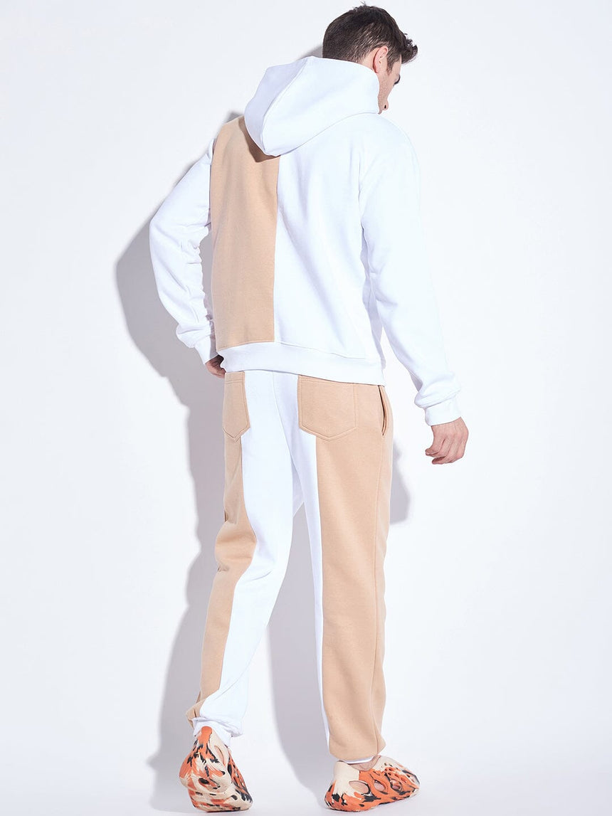 White & Biege Cut Sew Matching Tracksuit