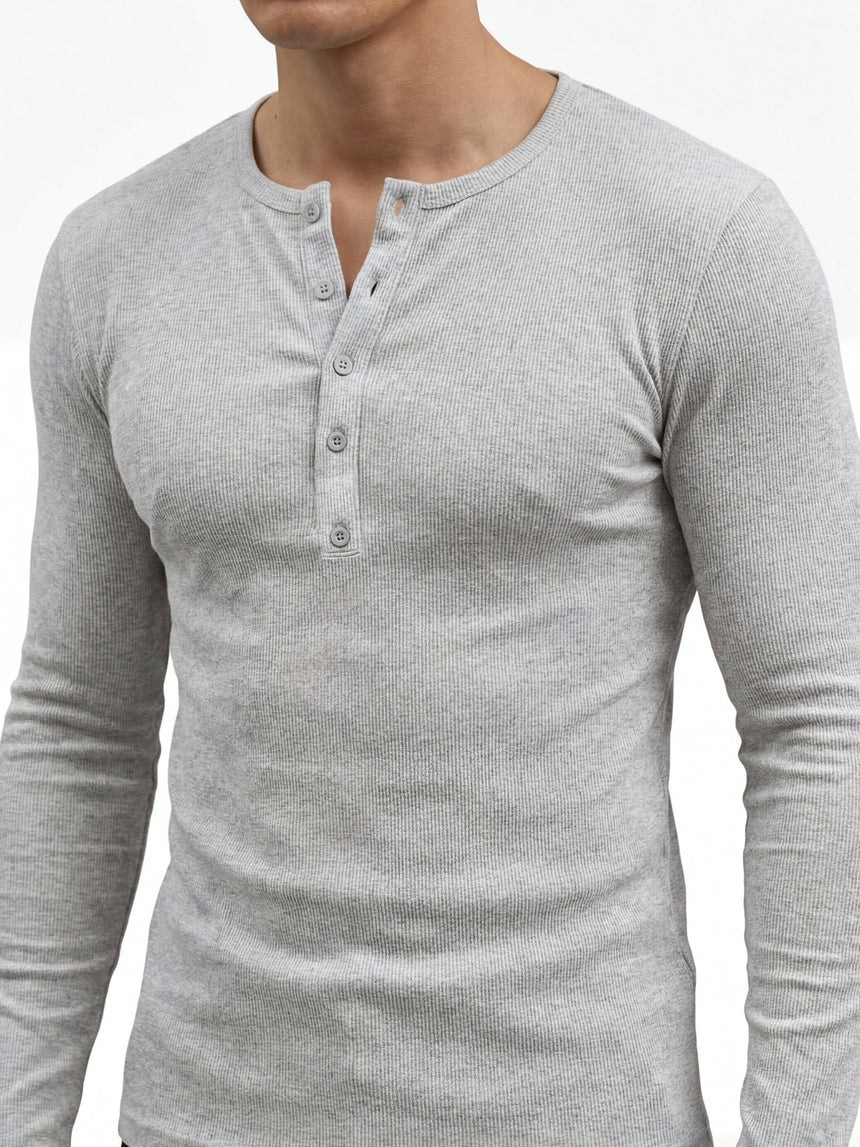 Light Grey Ribbed Henley Longsleeves Tshirt T-Shirts Fugazee 