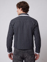 Navy Blue Striped Double Collared Cropped Shirt Shirts Fugazee 