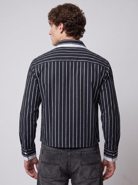 Navy Blue Striped Double Collared Cropped Shirt Shirts Fugazee 