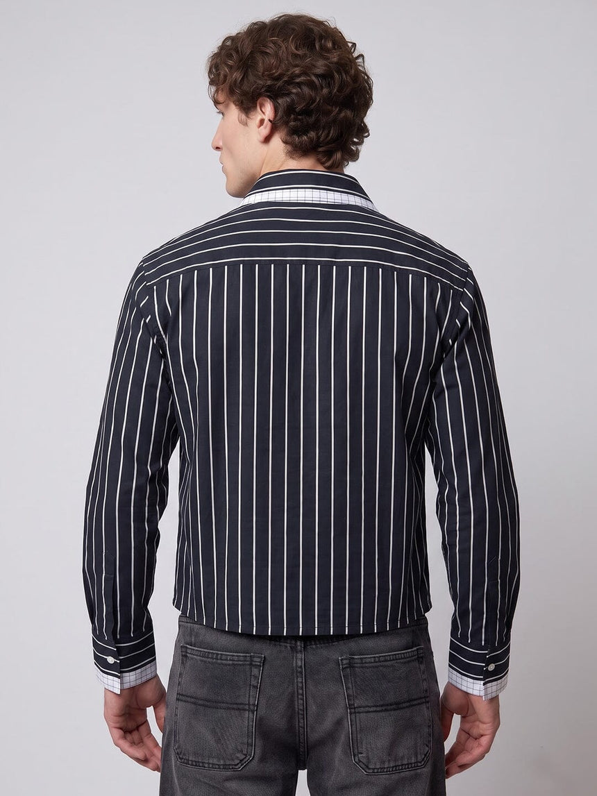 Navy Blue Striped Double Collared Cropped Shirt Shirts Fugazee 
