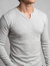 Grey Melange Notch Neck Ribbed Longsleeve Tshirt T-Shirts Fugazee 