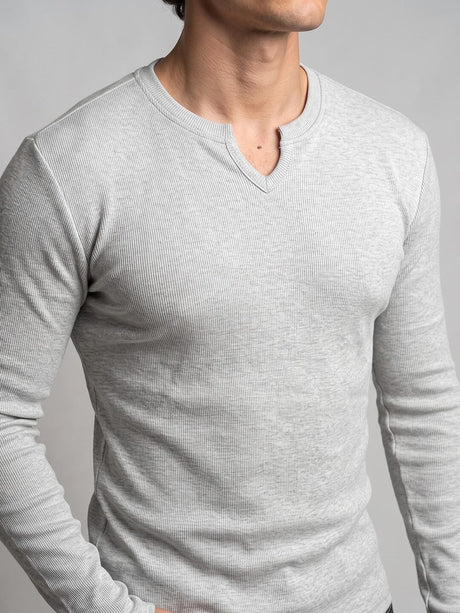 Grey Melange Notch Neck Ribbed Longsleeve Tshirt T-Shirts Fugazee 