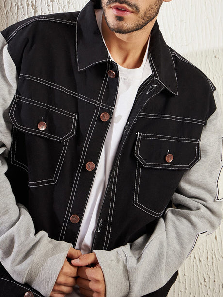 Black Letterman Contrast Stitch Jacket Jackets Fugazee 