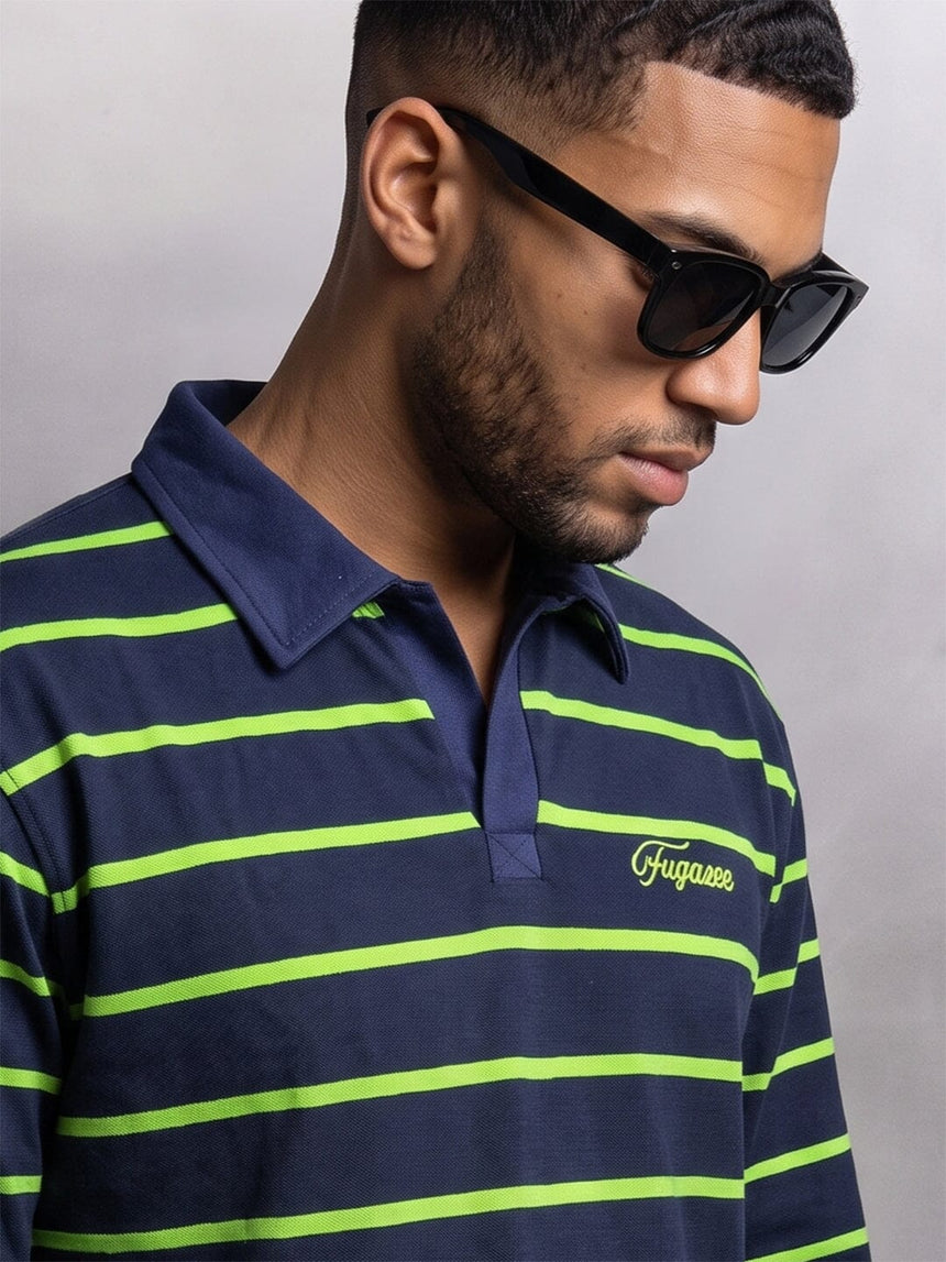 Navy Striped Cropped Longsleeve Polo Tshirt T-Shirts Fugazee 