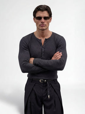 Charcoal Ribbed Henley Longsleeves Tshirt T-Shirts Fugazee 