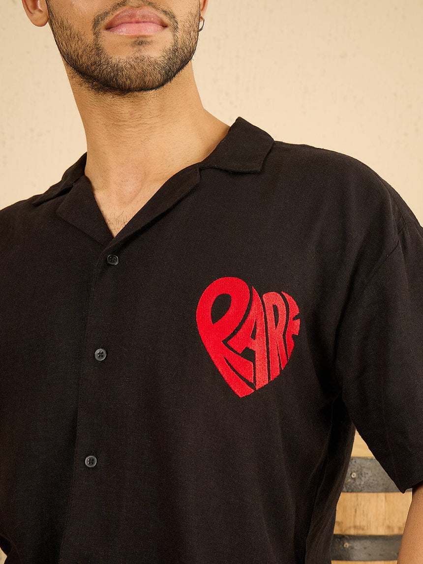 Black Heart Embroidered Cuban Linen Shirt Shirts Fugazee 