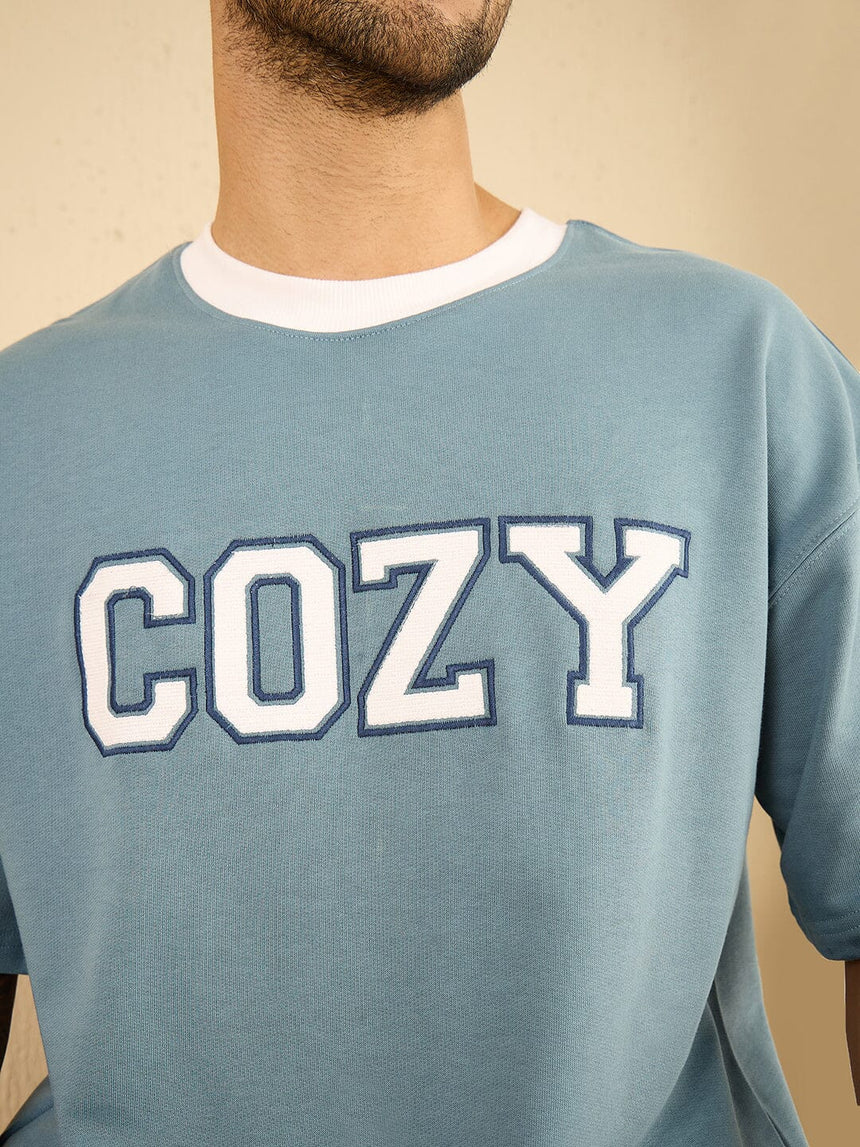 Blue Cozy Embroidered Oversized Tshirt T-shirts Fugazee 