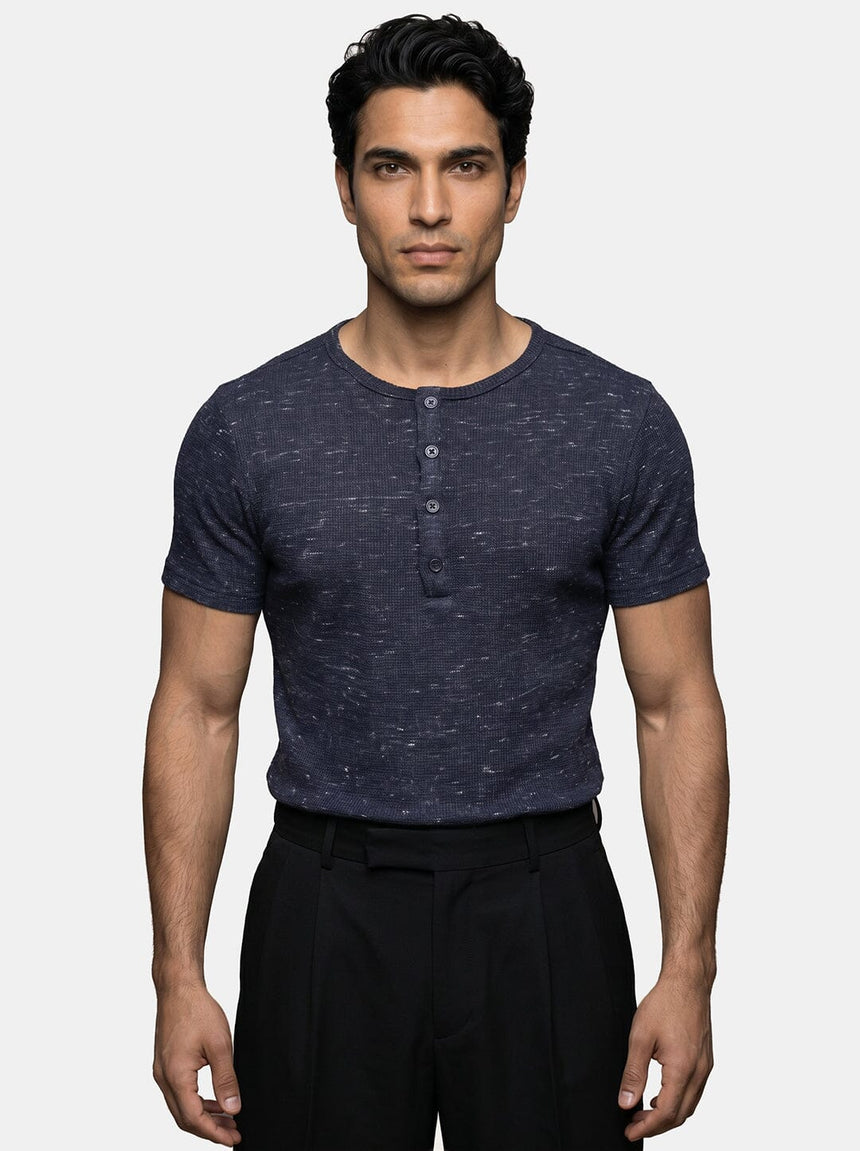 Navy Melange Waffle Short Sleeve Henley Tshirt T-Shirts Fugazee 