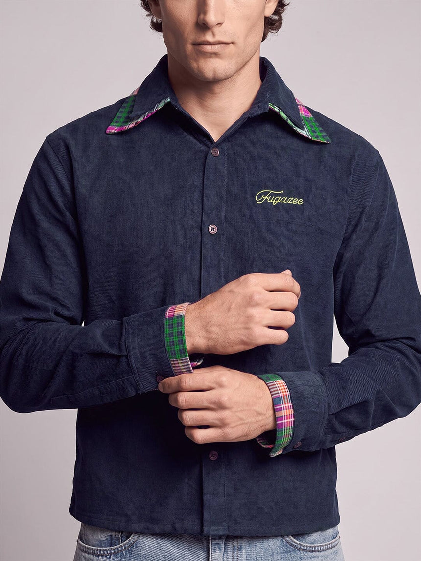 Navy Corduroy Double Collared Cropped Shirt Shirts Fugazee 