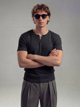 Black Ribbed Henley Short Sleeves Tshirt T-Shirts Fugazee 