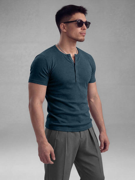 Denim Blue Ribbed Henley Short Sleeves Tshirt T-Shirts Fugazee 