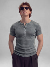 Acid Washed Ribbed Henley Short Sleeves Tshirt T-Shirts Fugazee 