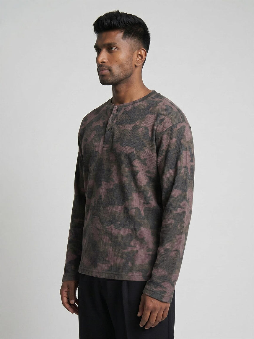 Brown Camo Waffle Relaxed Fit Henley Tshirt T-Shirts Fugazee 