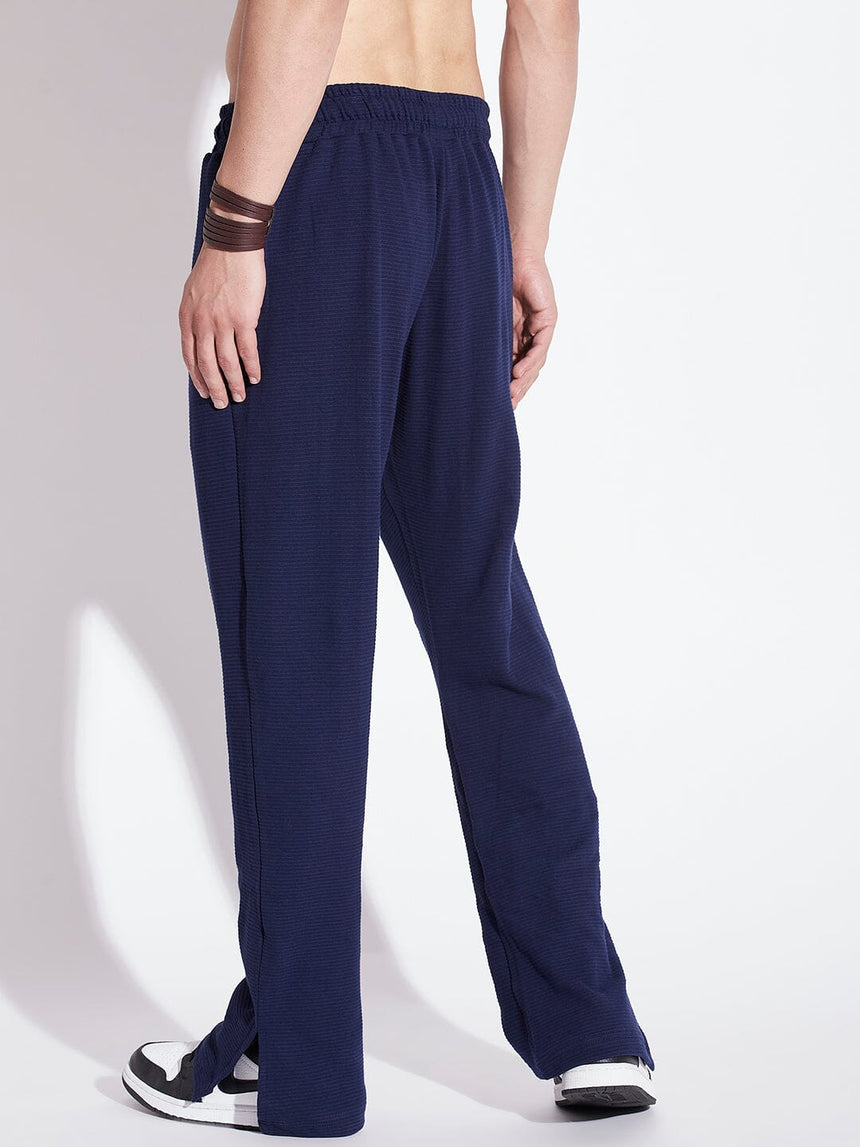 Navy Textured Relaxed Fit Boot-Cut Pant, Buy Wide Legged Trousers