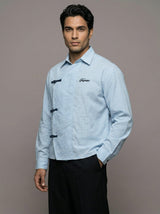 Sky Checkered Chinese Knot Buttoned Cropped Shirt Shirts Fugazee 