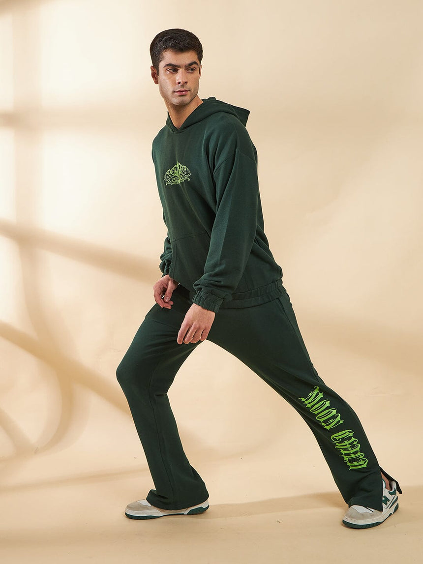 Moss Green Embroidery Panel Oversized Hoodie & Boot Cut Tracksuit Tracksuits Fugazee 