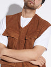 Brown Wash Denim Utility Sleeveless Jacket