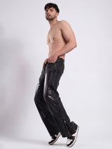 Grey Leather Patched Flared Zipped Denim Jeans Fugazee 