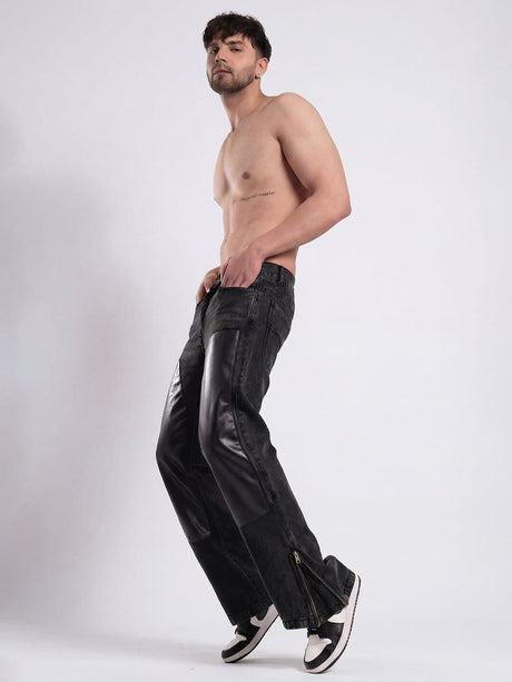 Grey Leather Patched Flared Zipped Denim Jeans Fugazee 
