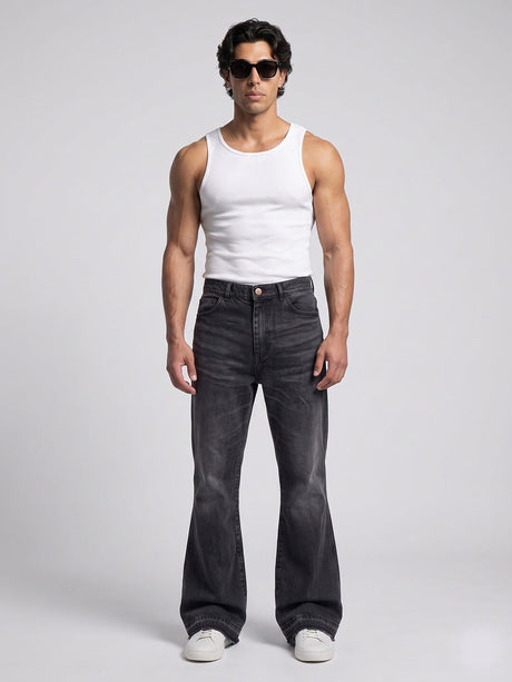 Black Washed Flared Raw Edge Denim Jeans Fugazee 