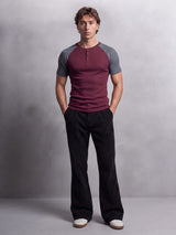 Grey And Maroon Ribbed Raglan Short Sleeve Henley Tshirt T-Shirts Fugazee 
