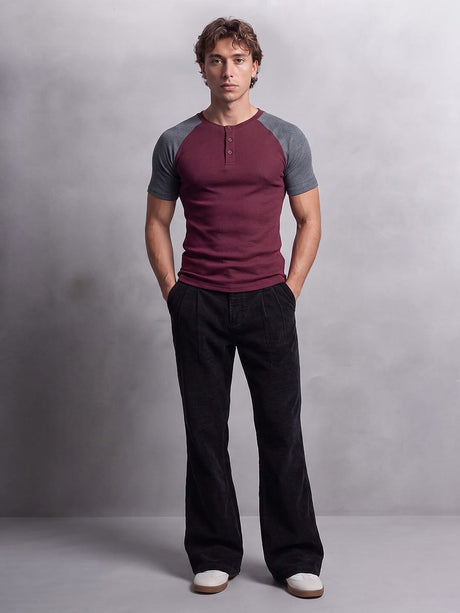 Grey And Maroon Ribbed Raglan Short Sleeve Henley Tshirt T-Shirts Fugazee 