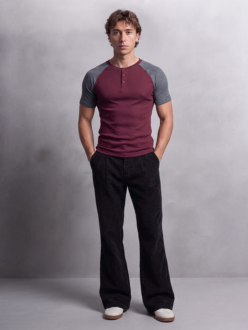 Grey And Maroon Ribbed Raglan Short Sleeve Henley Tshirt T-Shirts Fugazee 