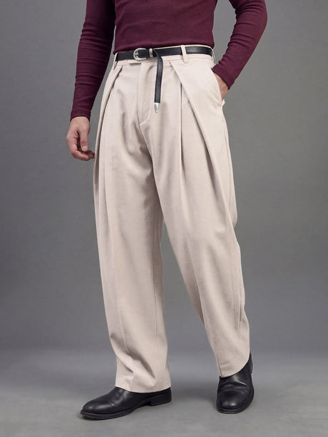 Cream Korean Pleated Trousers Trousers Fugazee 