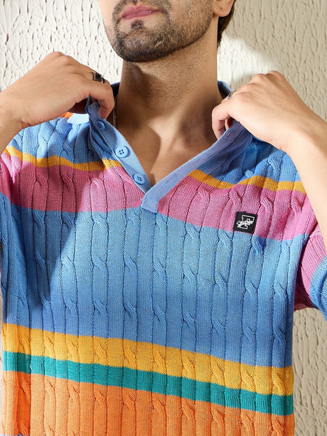 Sky Striped Cable Knit Polo Tshirt T-Shirts Fugazee 