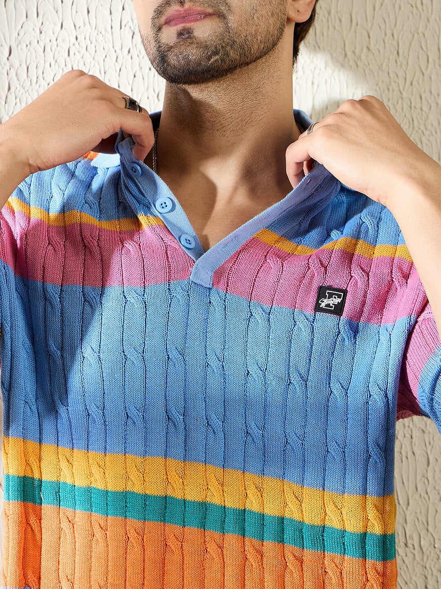 Sky Striped Cable Knit Polo Tshirt T-Shirts Fugazee 