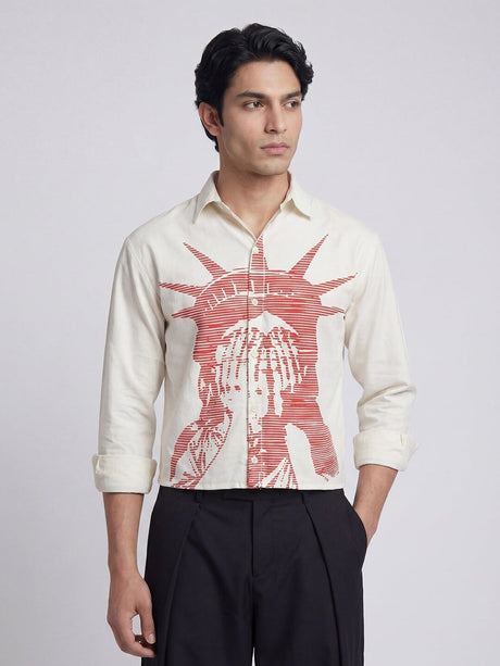 White Corduroy Graphic Cropped Shirt Shirts Fugazee 