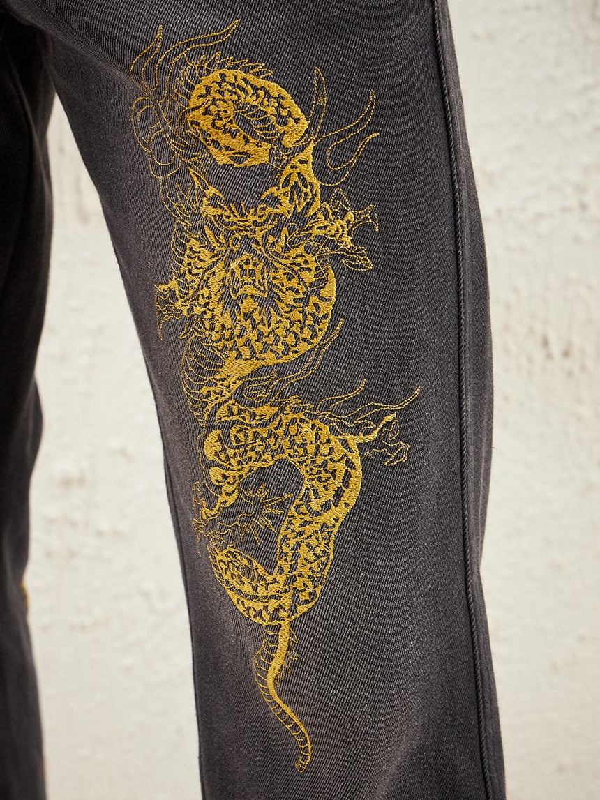 Black Dragon Embroidery Flared Denim Jeans Fugazee 