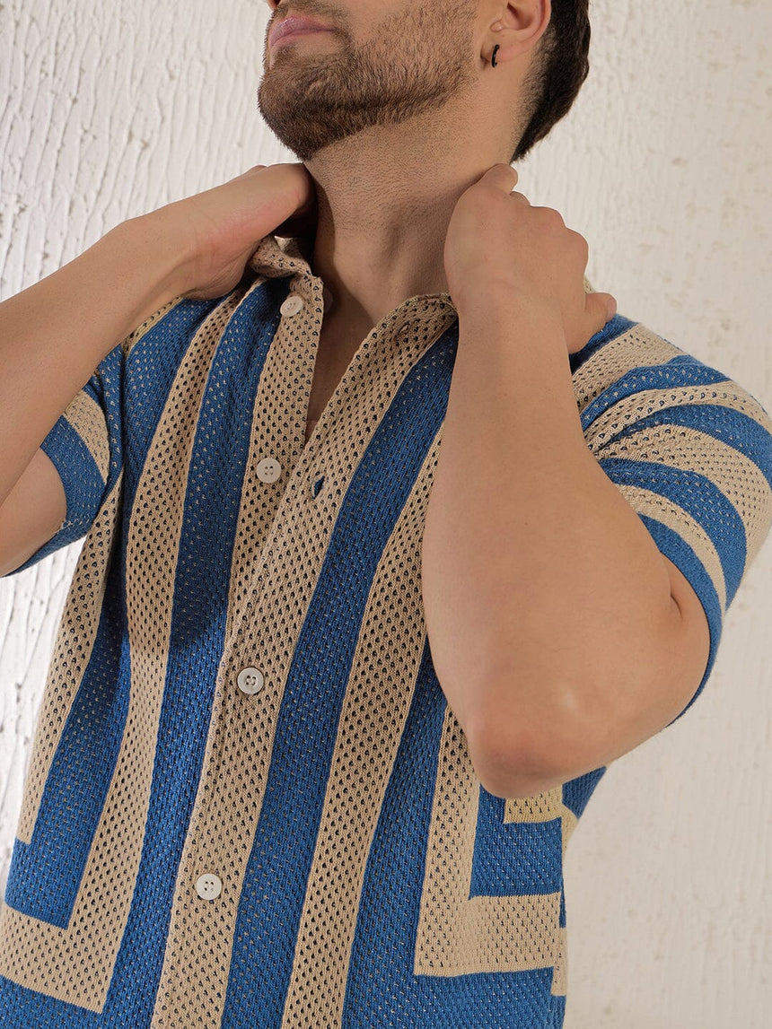 Beige & Blue Striped Crochet Knitted Shirt Shirts Fugazee 