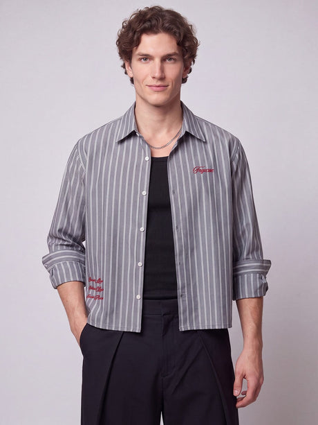 Charcoal Striped Embroidered Cropped Shirt Shirts Fugazee 