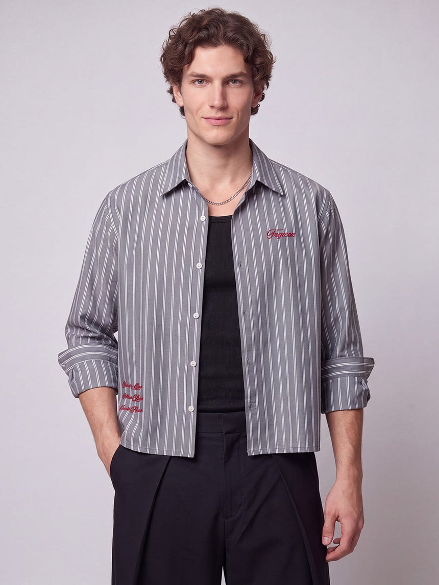 Charcoal Striped Embroidered Cropped Shirt Shirts Fugazee 