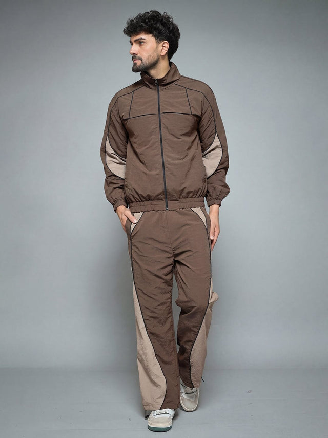 Brown And Beige Cut And Sew Tracksuit Tracksuits Fugazee 