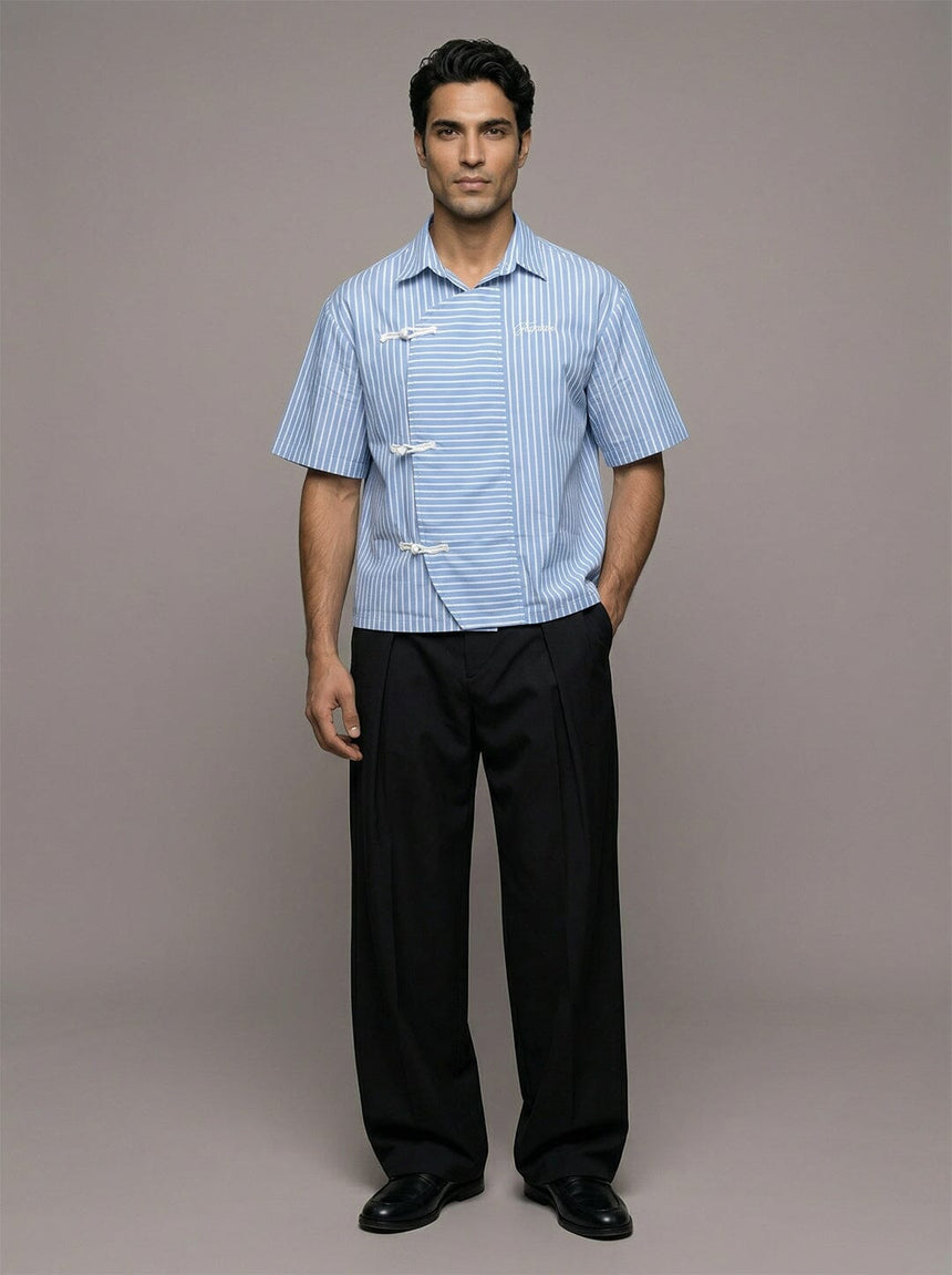Marine Blue Striped Chinese Frog Buttoned Cropped Shirt Shirts Fugazee 