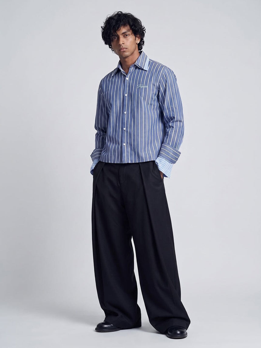 Cobalt Blue Striped Double Collared Cropped Shirt Shirts Fugazee 